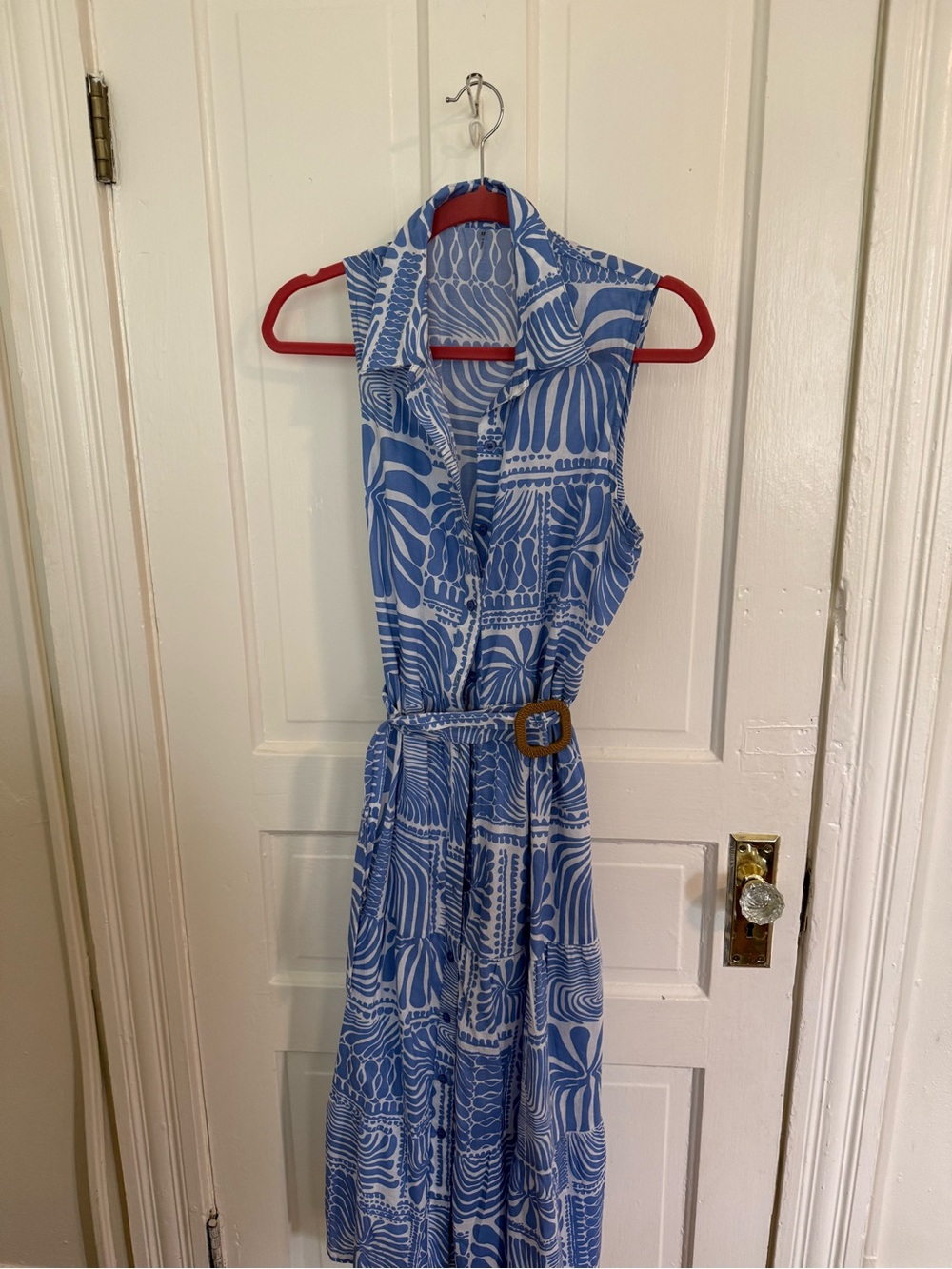 Sleeveless Blue Patterned Belted Maxi Dress